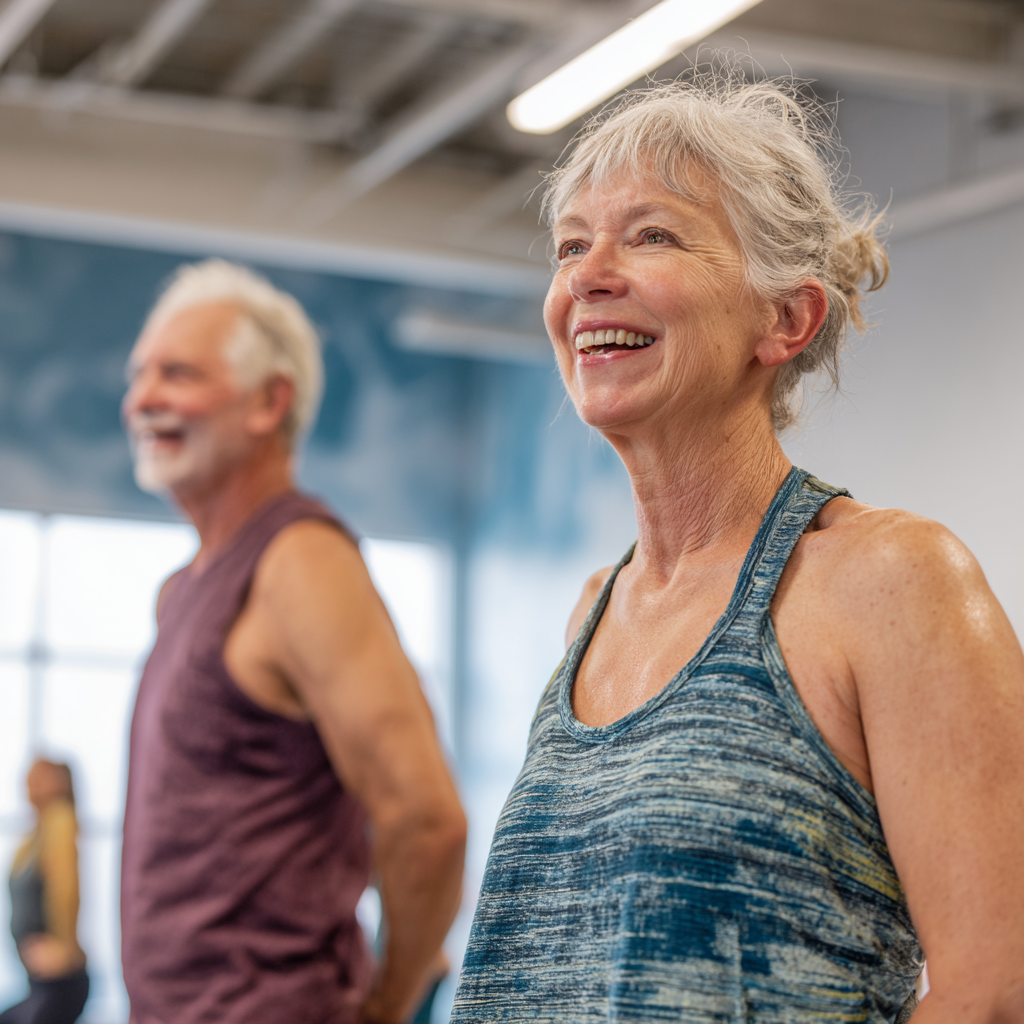 Older adults participating in group fitness class at nerpligon facility